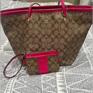Tan and Pink Coach purse with matching wristlet